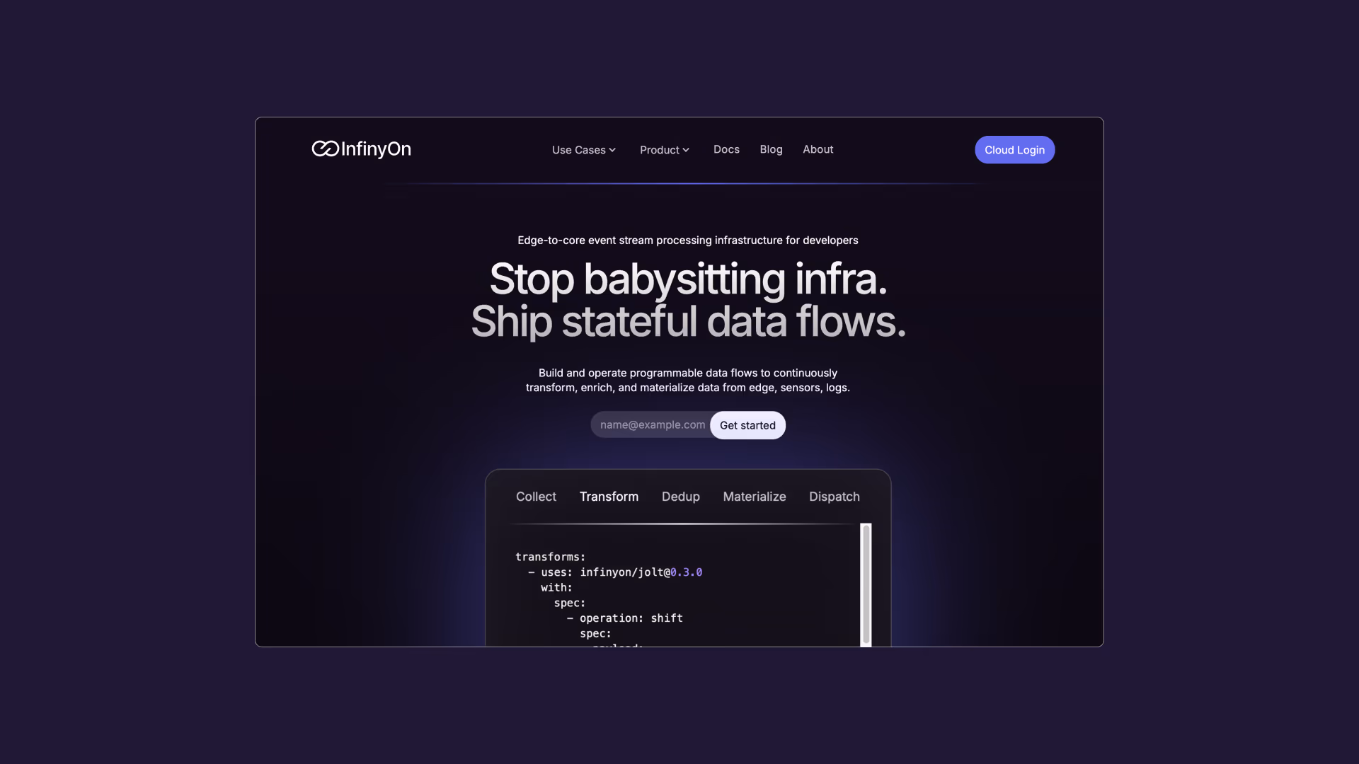 InfinyOn desktop website homepage design mockup
