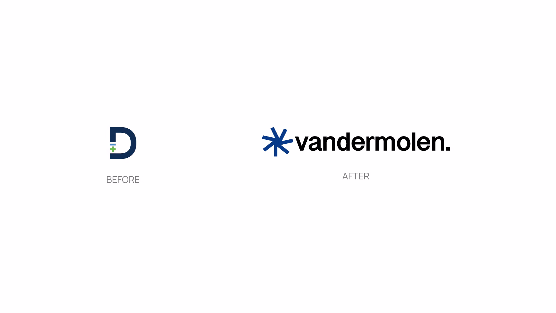 Side-by-side comparison of Vandermolen brand identity before and after The Liminals redesign
