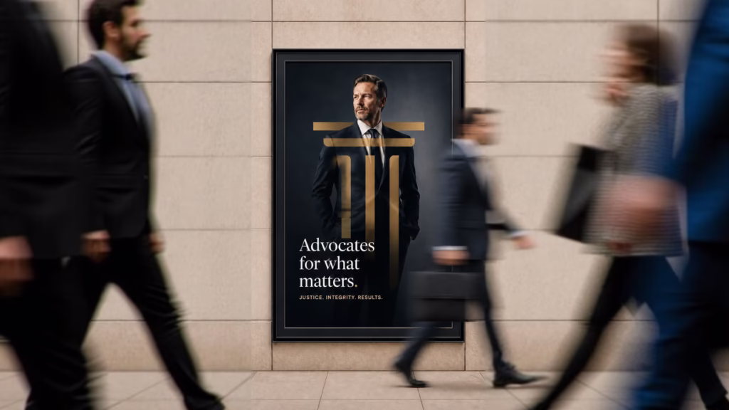 Veritas Law Firm branding applied to environmental signage on a city street