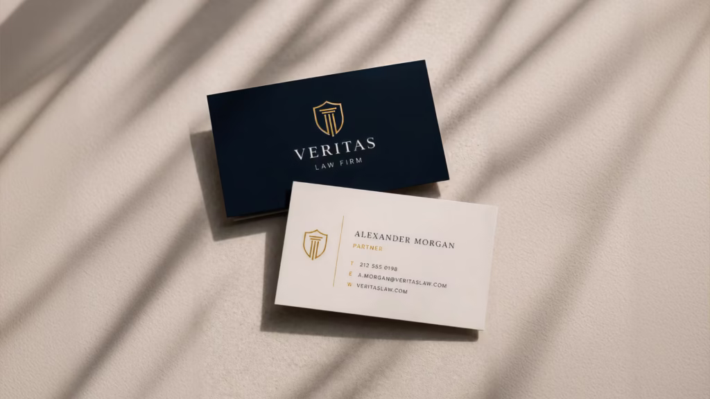 Veritas Law Firm corporate stationery mockup showing branded business cards