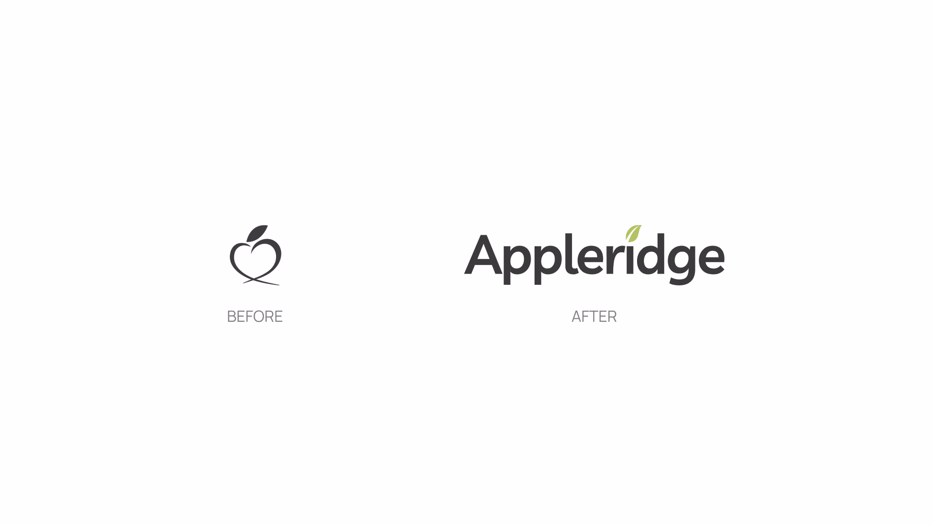 Side-by-side comparison of Appleridge brand identity before and after The Liminals redesign