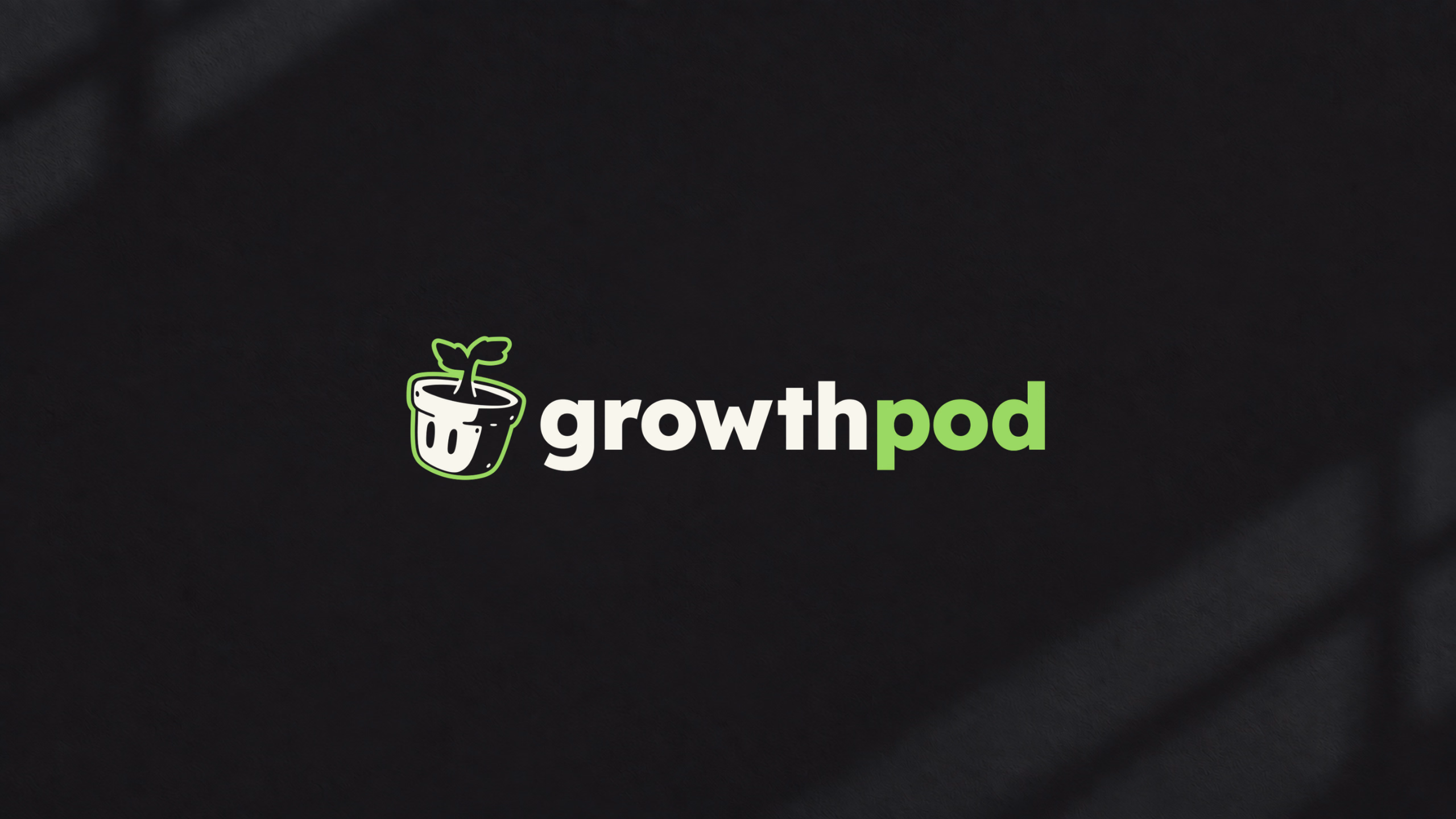 Original white and lime GrowthPod logo on near-black with soft directional shadows