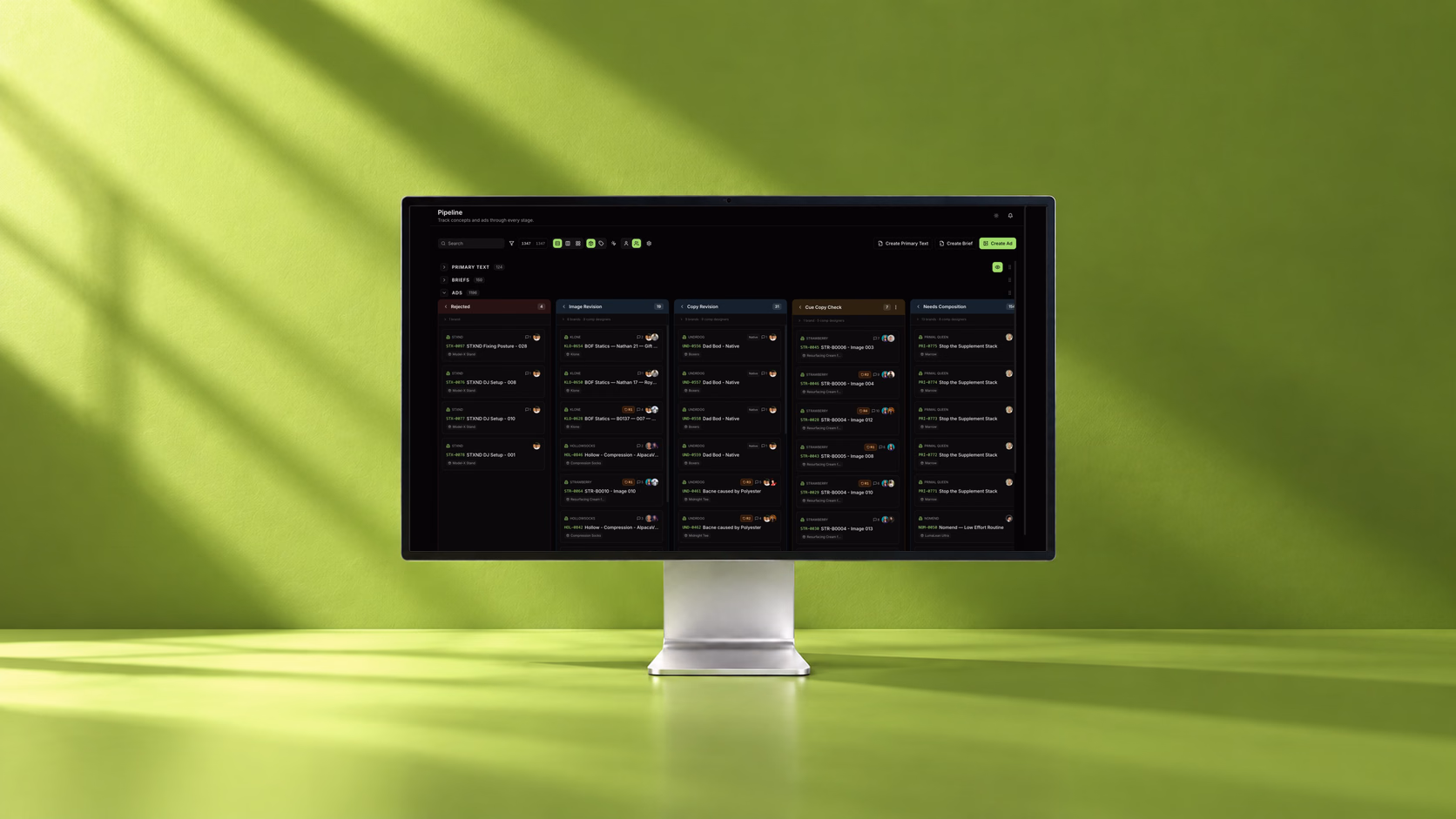 GrowthPod ads pipeline on a desktop monitor against a lime-green background